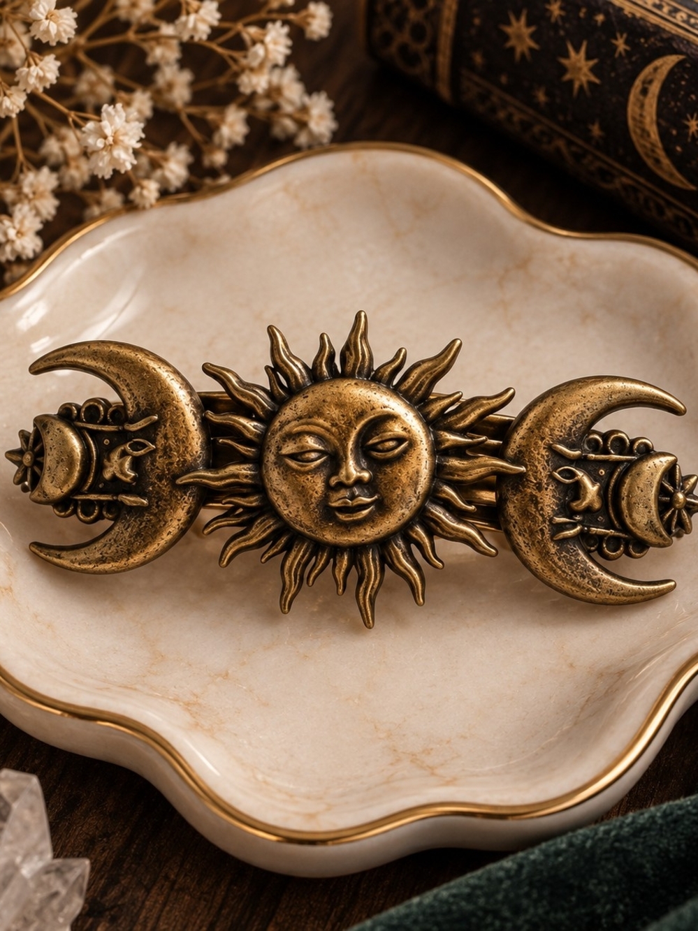 Antique Brass Tone Metal Sun and Crescent Moon Wall Hair Clip Barrette New